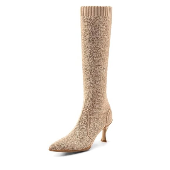 Knee High Kitten Heel Boots with Pointed Toes and Faux Knit Texture - Picture 3 of 10